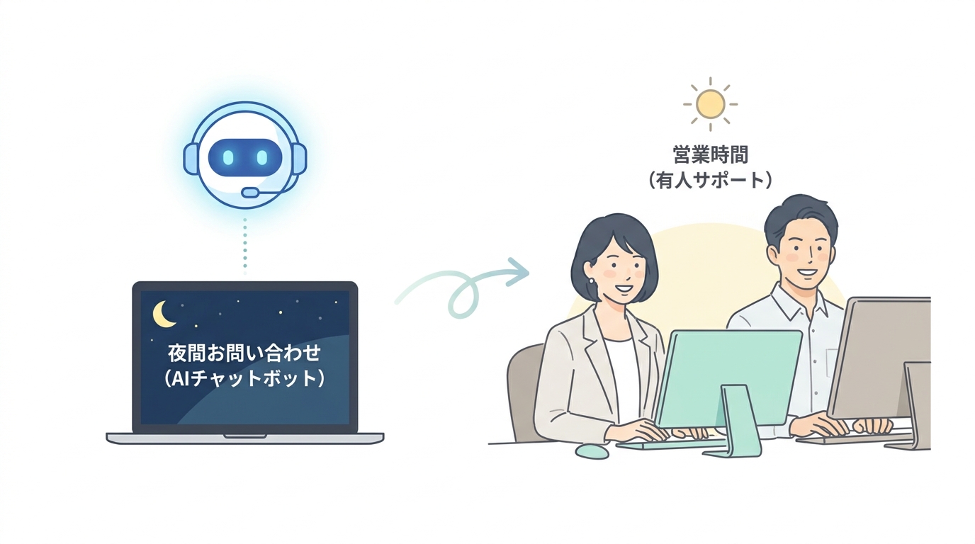 An illustration showing a seamless hybrid workflow between an AI chatbot handling night inquiries and human customer sup
