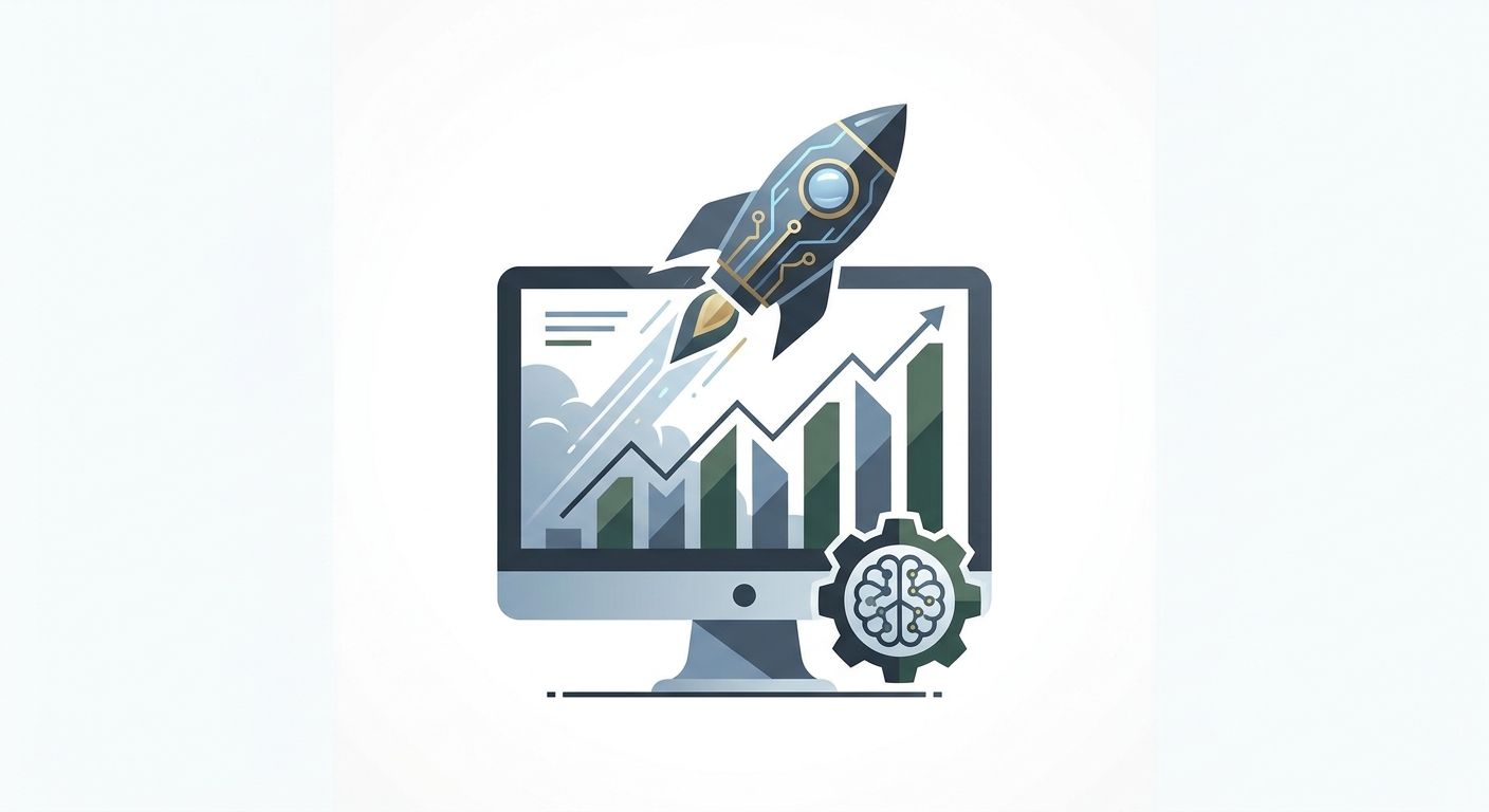 A rocket launching from a computer screen, symbolizing business growth powered by AI technology. The screen shows charts