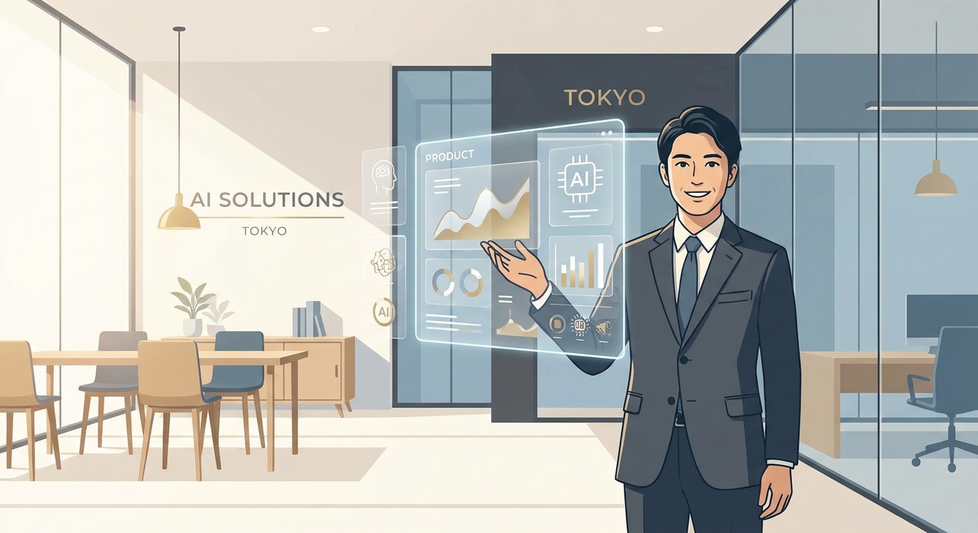 A professional business person interacting with a holographic AI assistant displaying product images and charts, modern