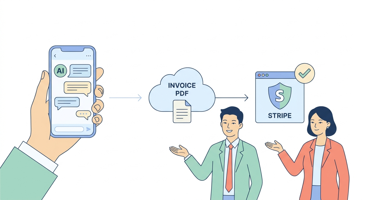 A visual representation of a seamless business process flow, from an AI chatbot conversation on a smartphone to an autom