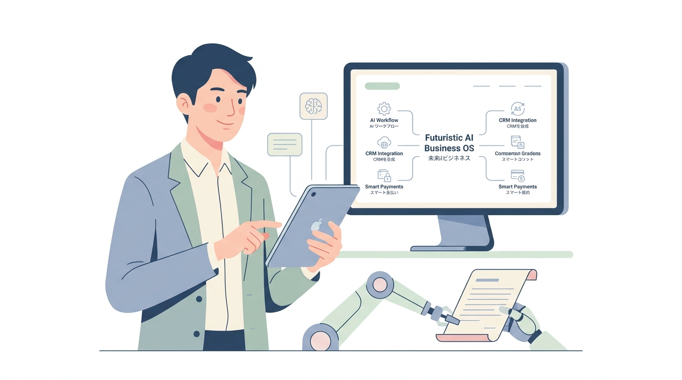 Futuristic concept of a modern Japanese AI Business OS managing CRM, chat payment, and automated customer workflows seam