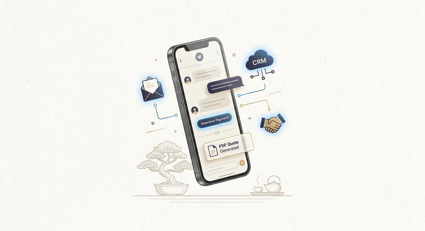 A sleek modern smartphone displaying an AI chat interface with a seamless payment button and dynamic PDF quote generatio