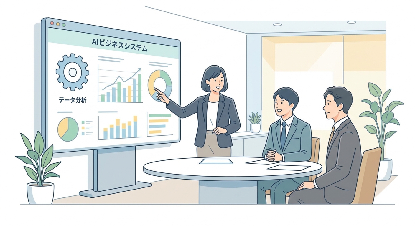 A Japanese female business consultant demonstrating an AI business system dashboard to executives in a conference room,
