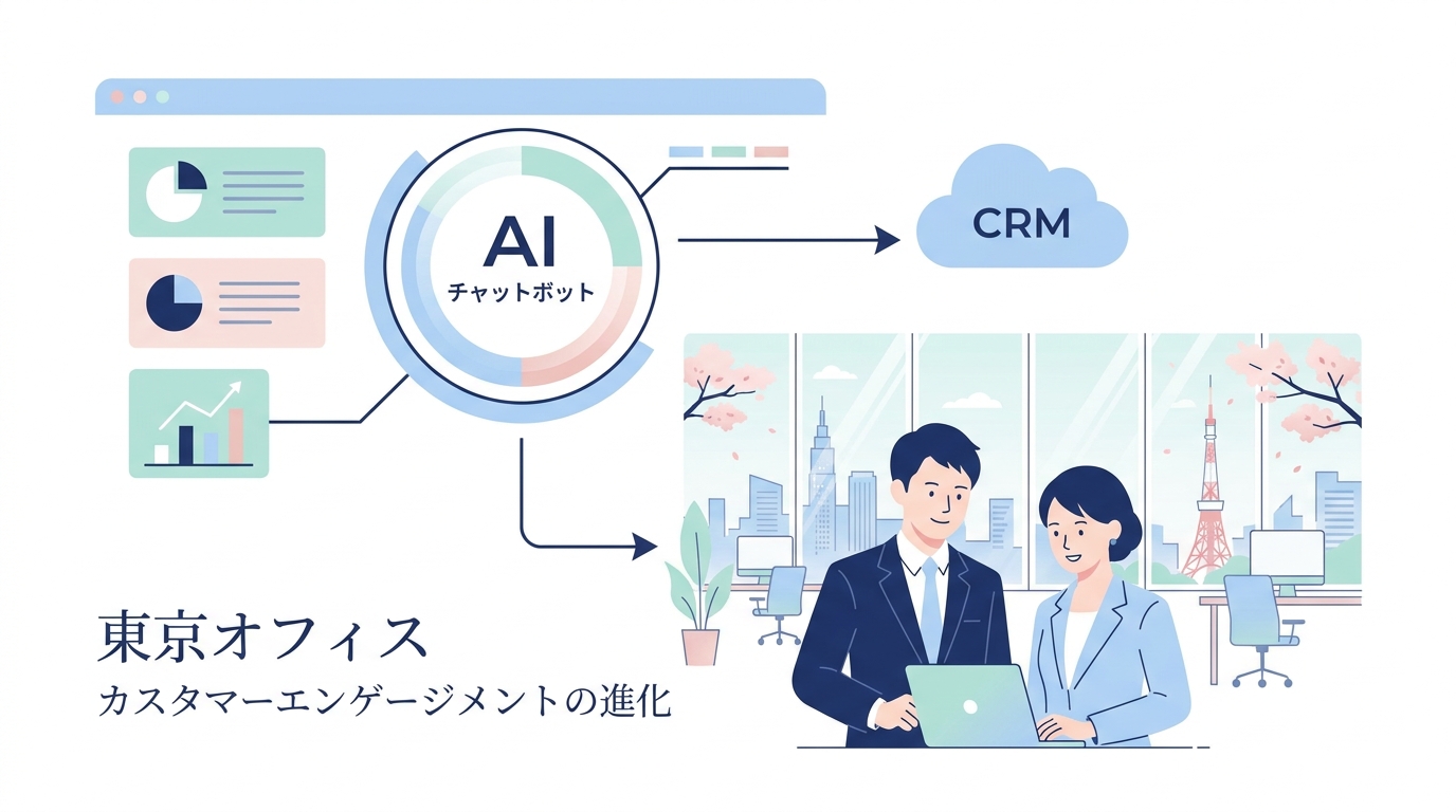 A modern business dashboard interface showing Japanese AI chatbot customer interaction seamlessly syncing with a CRM dat