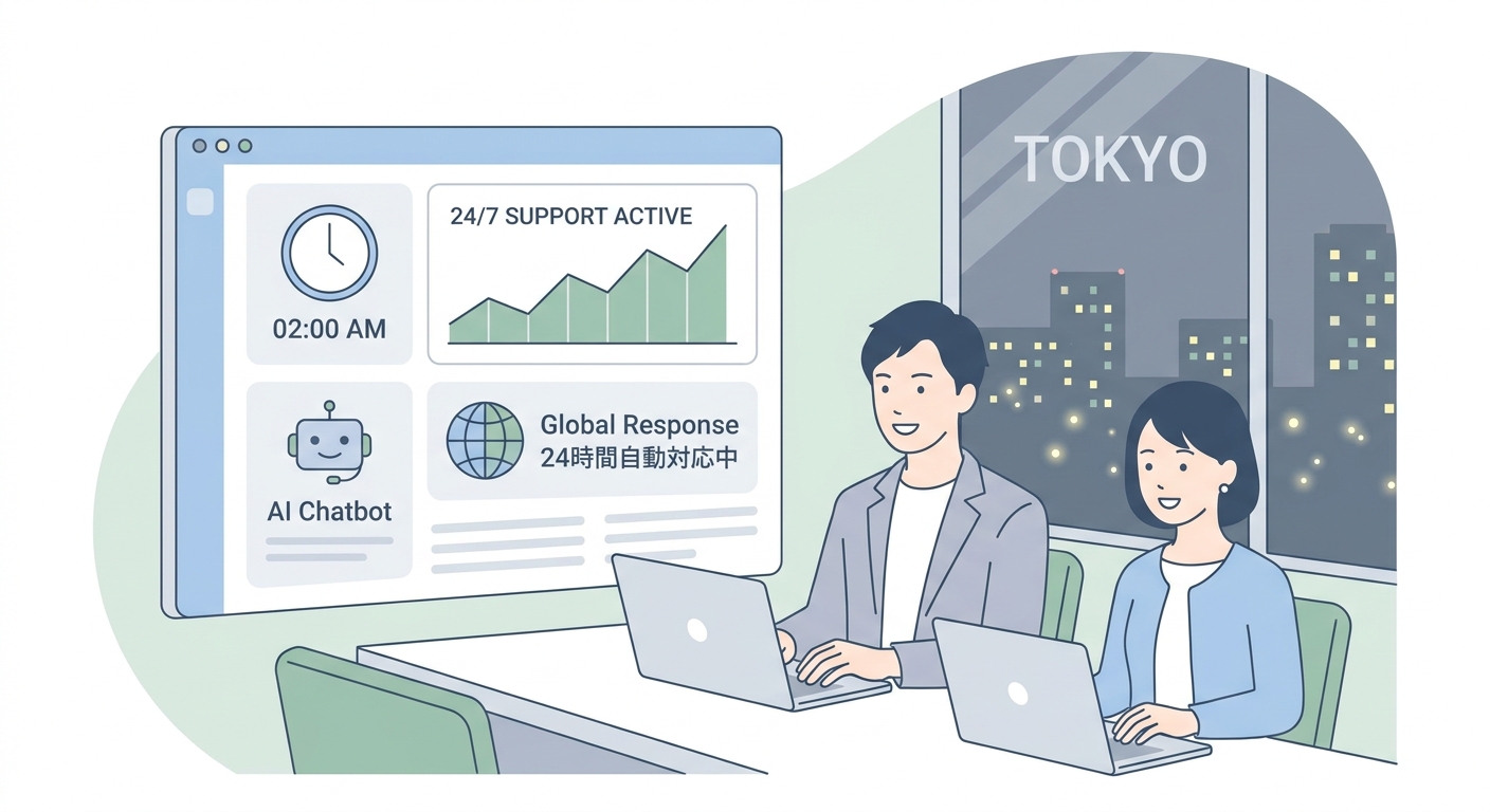 A professional digital dashboard showing 24/7 automated customer support software active during late night hours, modern