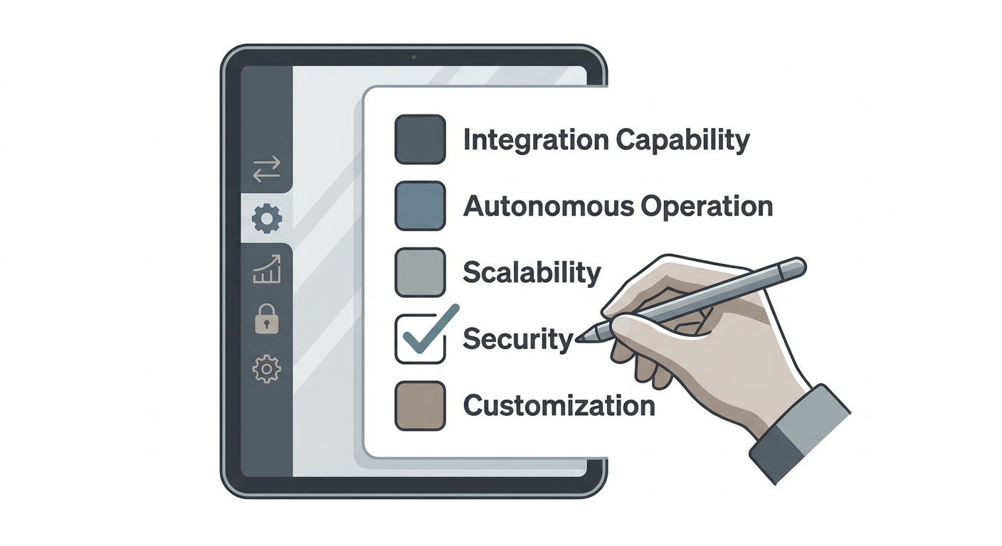 A modern checklist on a digital tablet screen. The checklist items include 'Integration Capability', 'Autonomous Operati