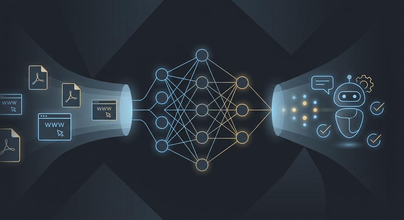 A sophisticated, glowing neural network diagram. On one side, PDF documents and website URLs are being fed into it. On t