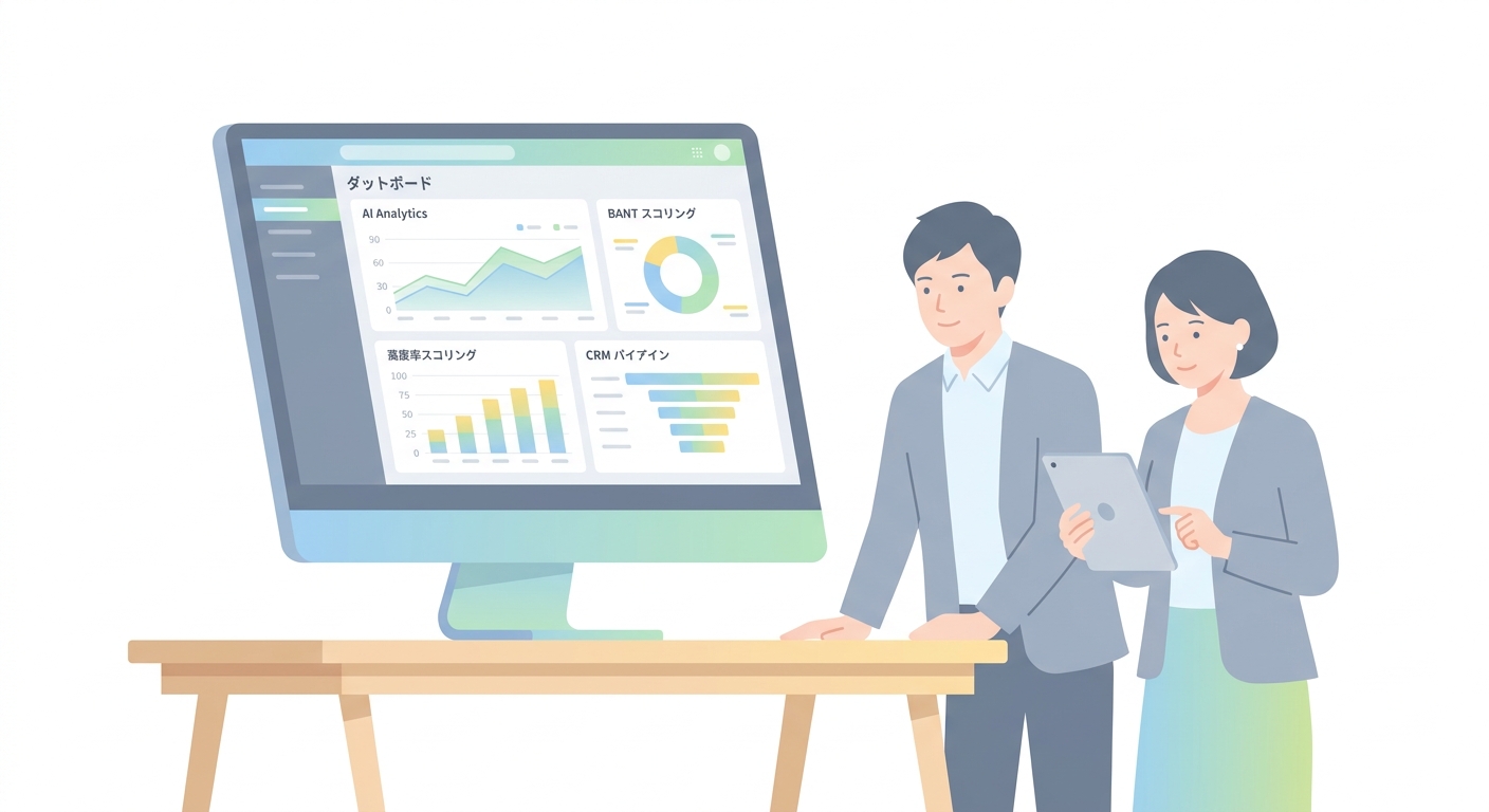 Modern office sales dashboard displaying AI analytics for lead qualification with BANT scoring charts and CRM pipeline m