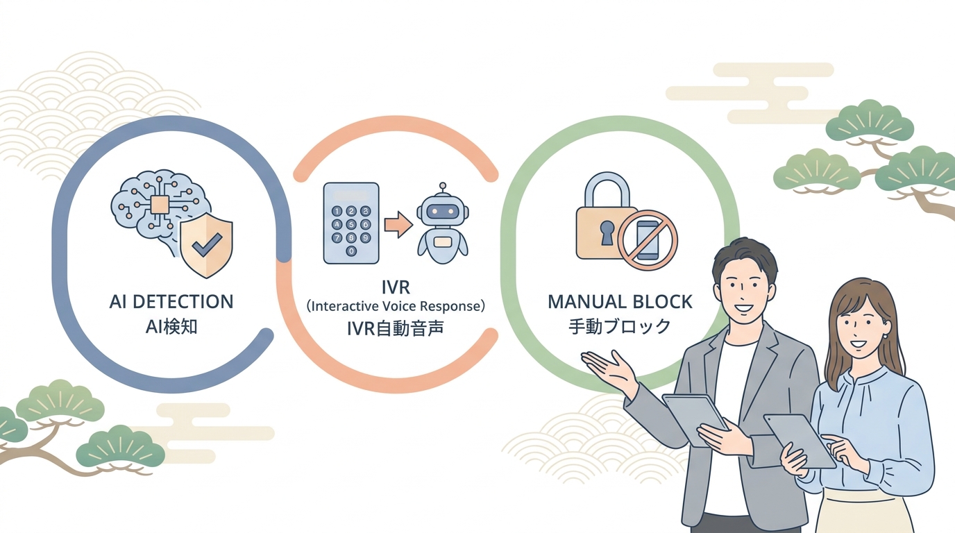 A conceptual illustration of three different call blocking methods: AI detection with a brain icon, IVR with a phone key