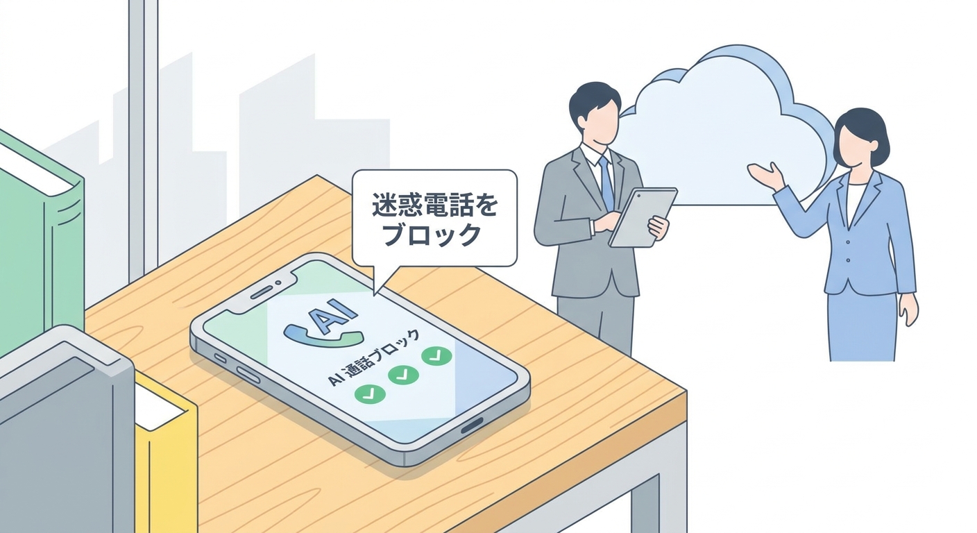 A modern corporate office setting with a smartphone on a wooden desk displaying an AI telephone call answering interface