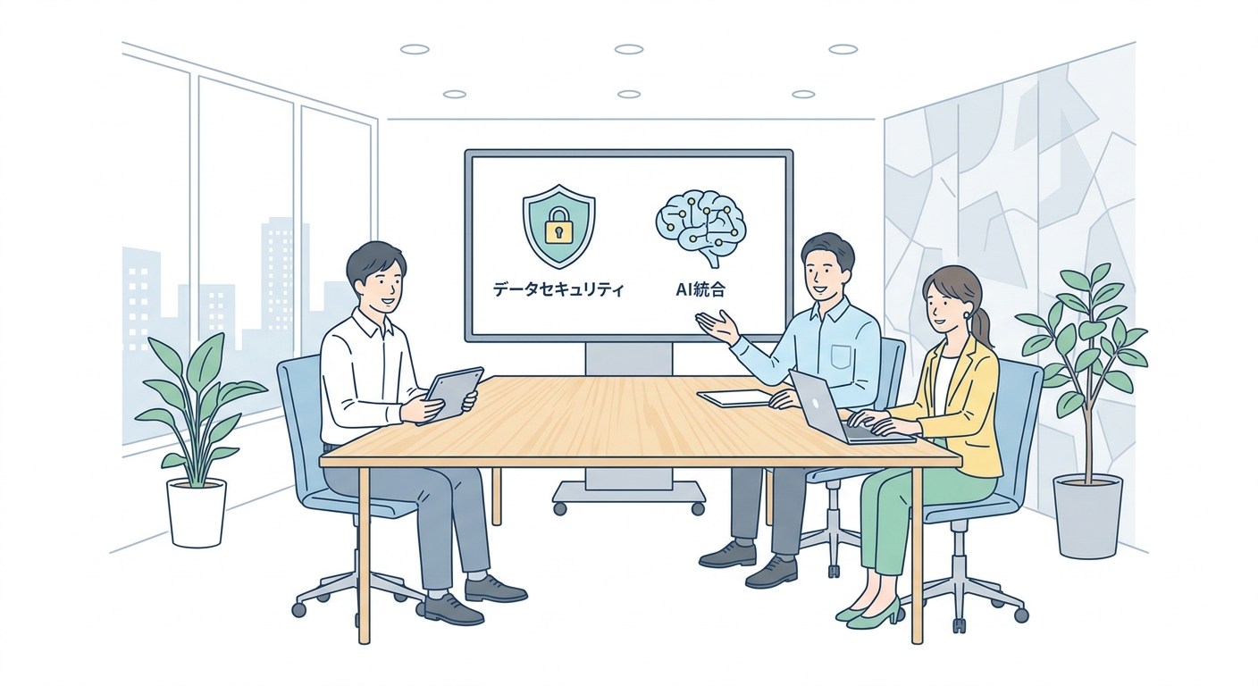A professional business meeting in a modern office, discussing data security and AI integration, with a clean and trustw