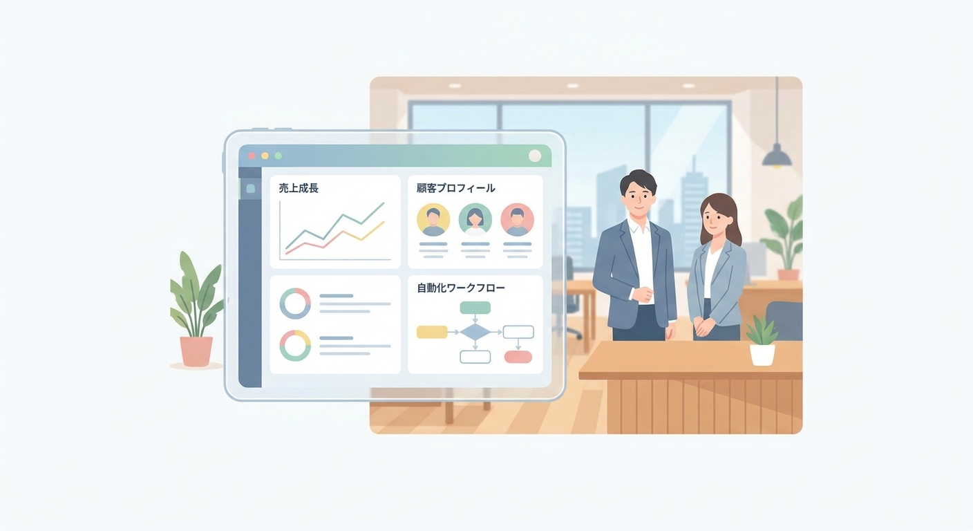 A futuristic dashboard on a tablet displaying sales metrics, customer CRM profiles, and automated workflow diagrams, wit