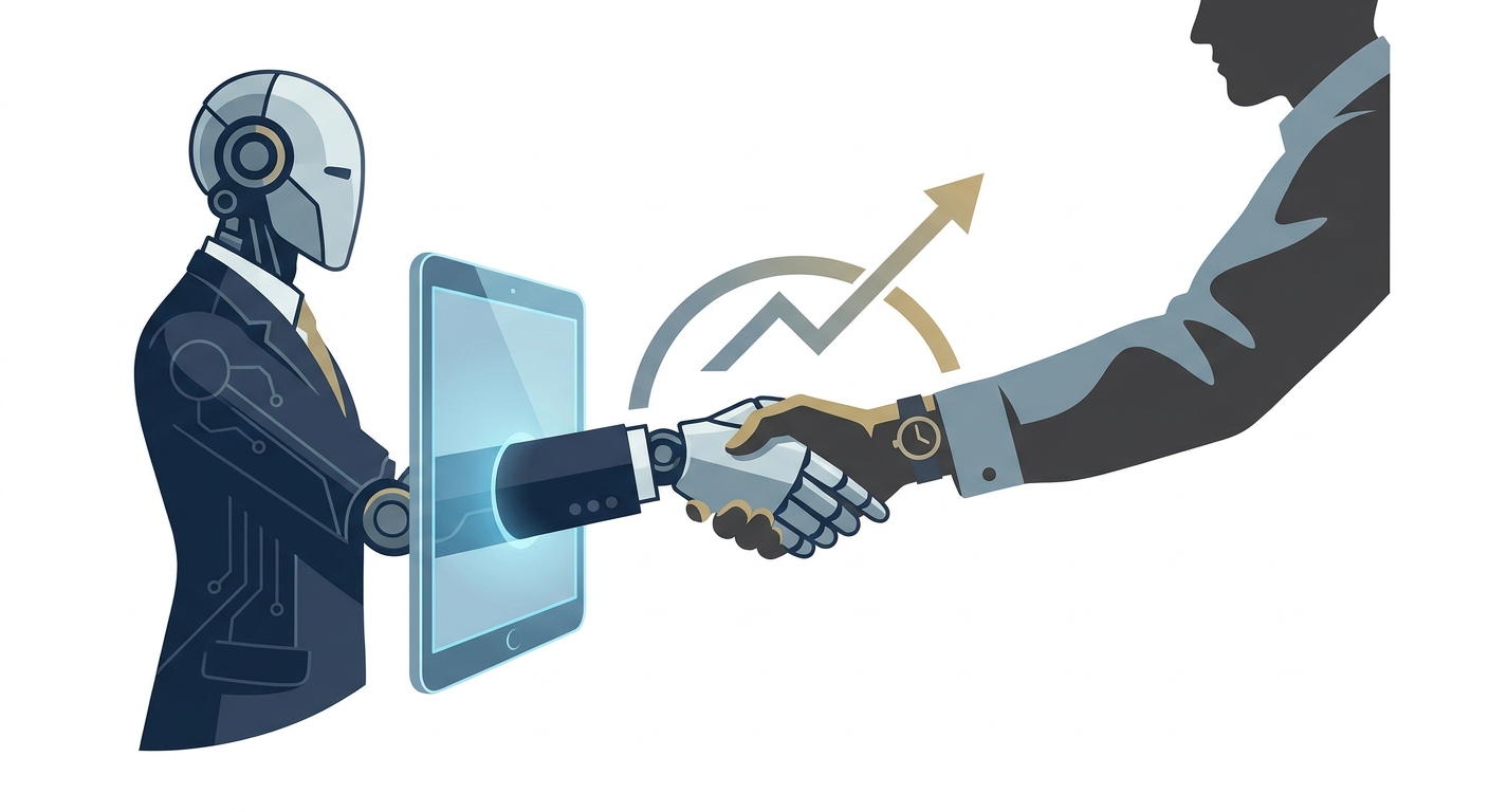 An AI robot dressed in a business suit, confidently shaking hands with a human customer through a computer screen, symbo