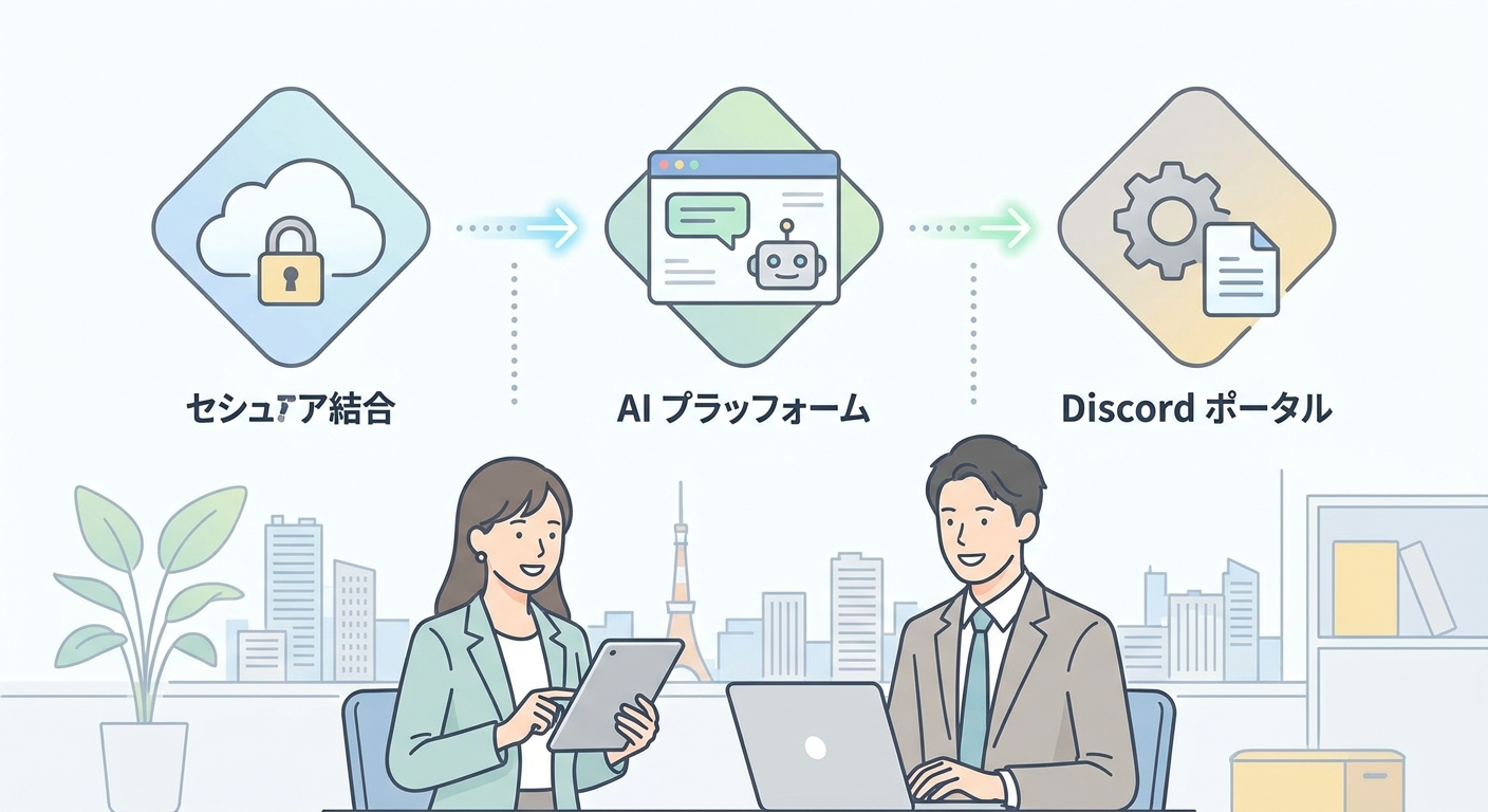 A step-by-step visual diagram concept, showing the integration process between Discord Developer Portal and an AI busine