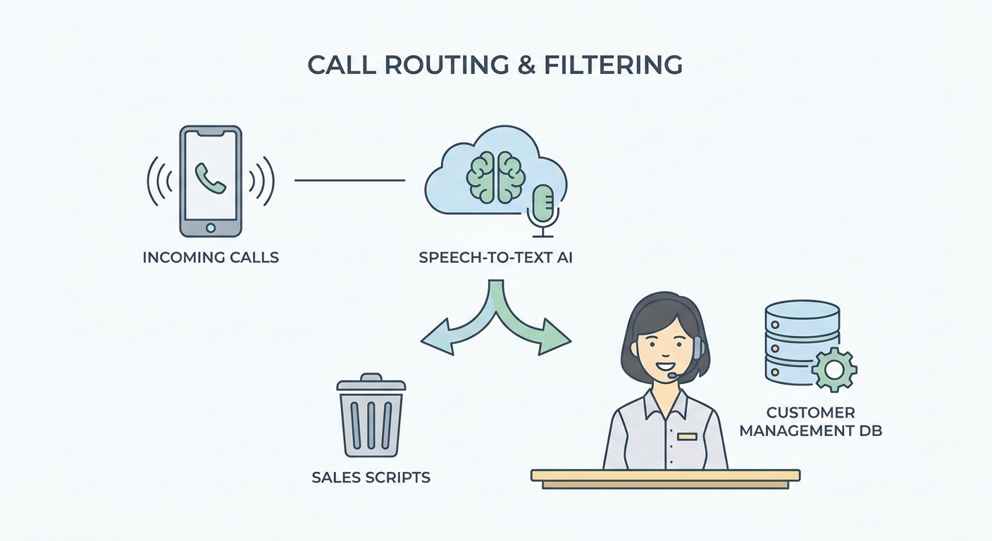 Conceptual illustration showing speech-to-text AI technology processing incoming phone calls, filtering sales scripts, a