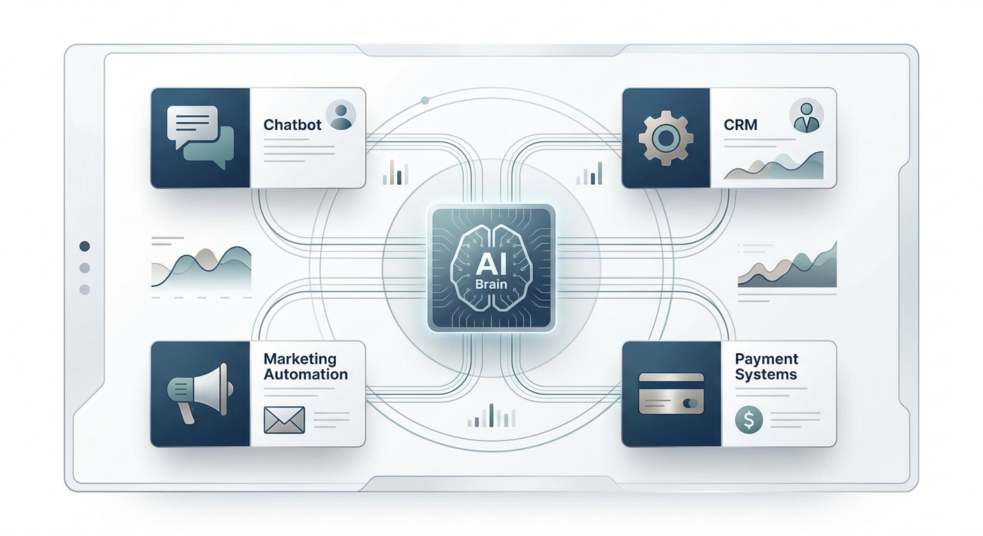An integrated business dashboard showing a chatbot, CRM, marketing automation, and payment systems working together seam