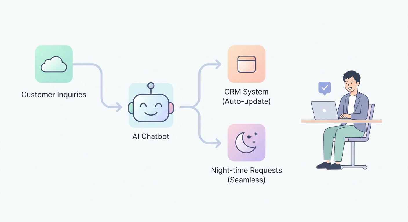 Modern workflow diagram illustration of an AI chatbot processing customer inquiries automatically, updating CRM status,