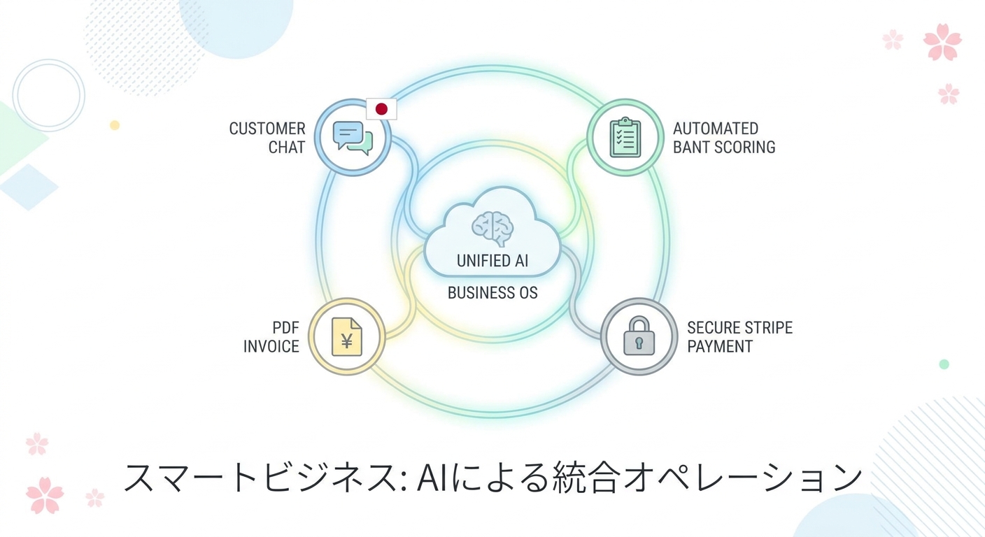 A conceptual diagram showing a unified AI business OS connecting customer chat, automated BANT scoring, PDF invoice gene