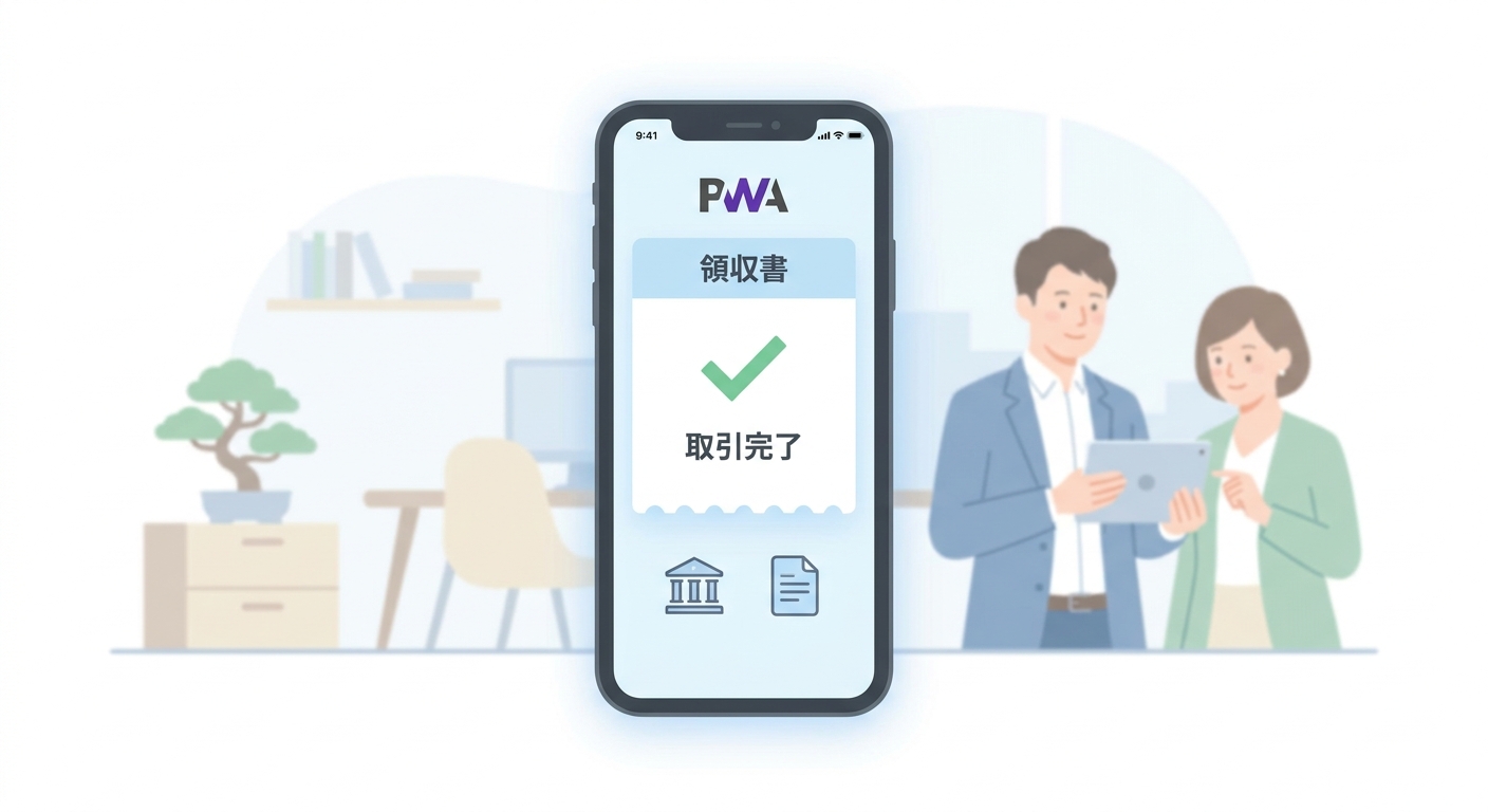 A sleek, modern smartphone displaying a PWA app interface with a completed automated transaction receipt, set against a