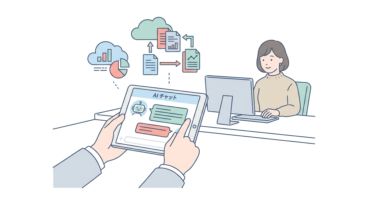 A modern digital workspace featuring an intuitive AI chatbot system analyzing dynamic company document knowledge bases,