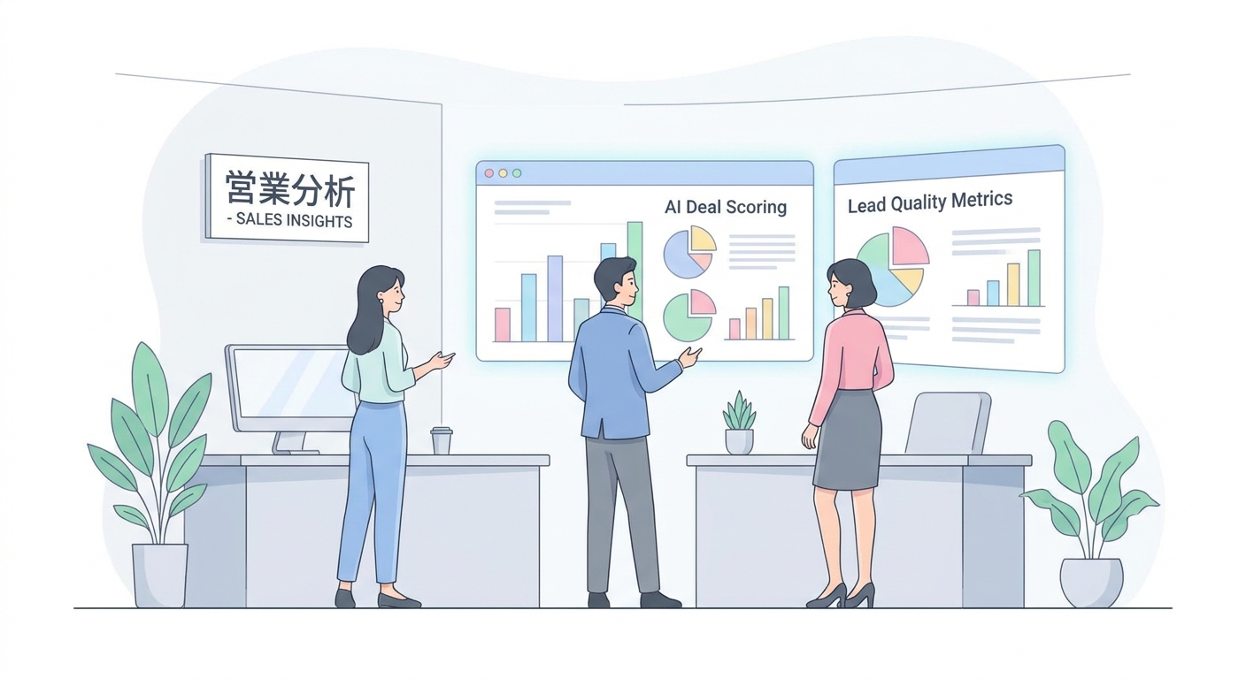 A modern corporate office sales team analyzing real-time AI deal scoring dashboards, clear glowing graphs and lead quali