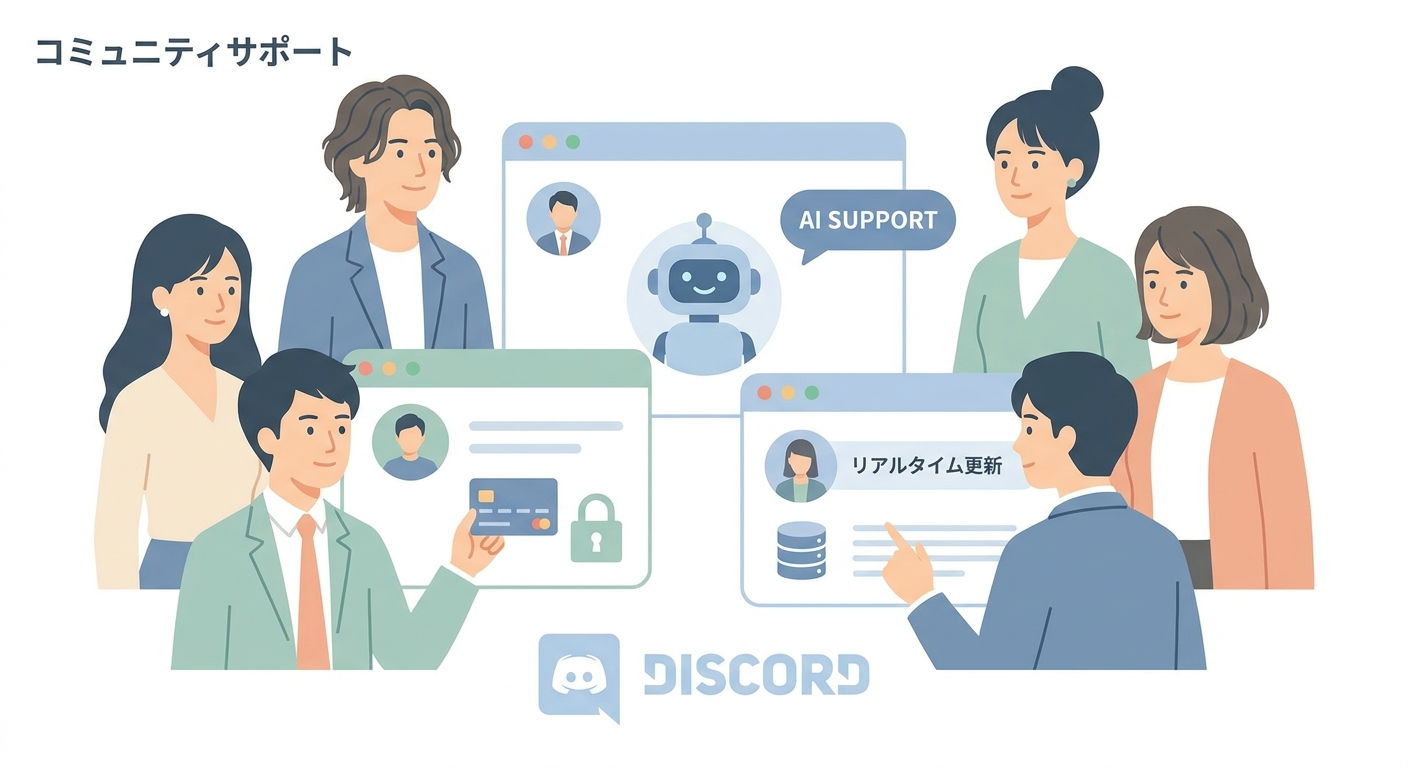 A vibrant online community or business support server on Discord, where a helpful AI bot is interacting with users, proc
