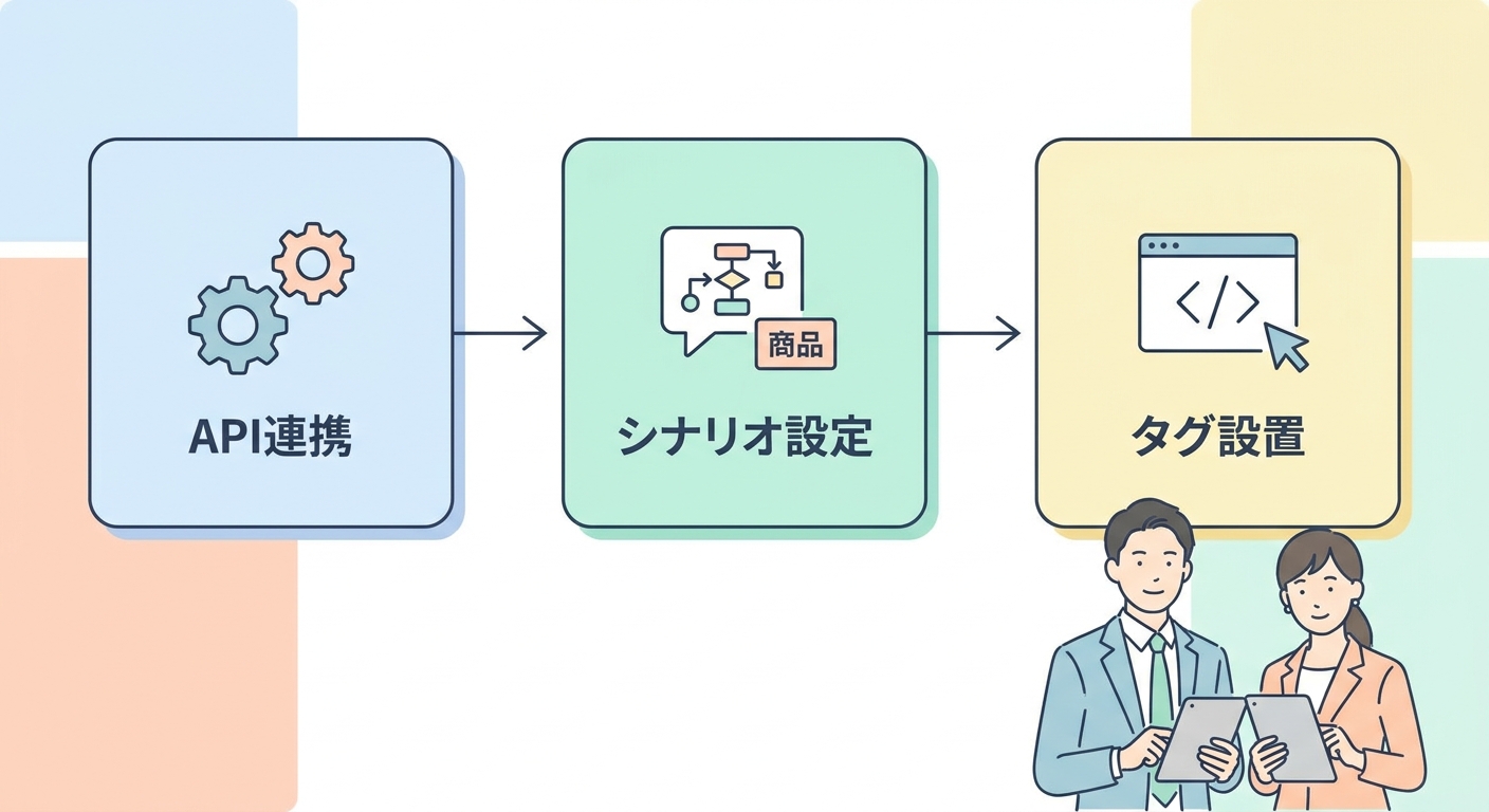 Flowchart illustration of a 3-step setup process for chatbot payment integration: API connecting, product scenario setup