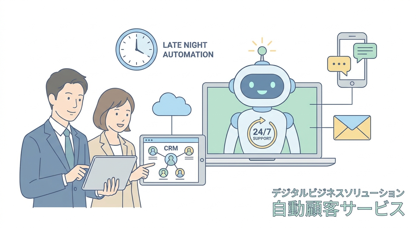 A professional digital business concept showing automated customer service chatbot operating late at night with icons fo