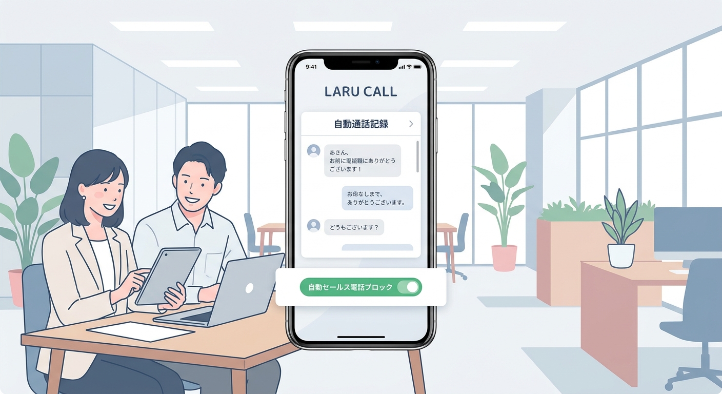 A sleek smartphone displaying the LARU CALL interface with automated call transcript and a button to toggle automatic sa