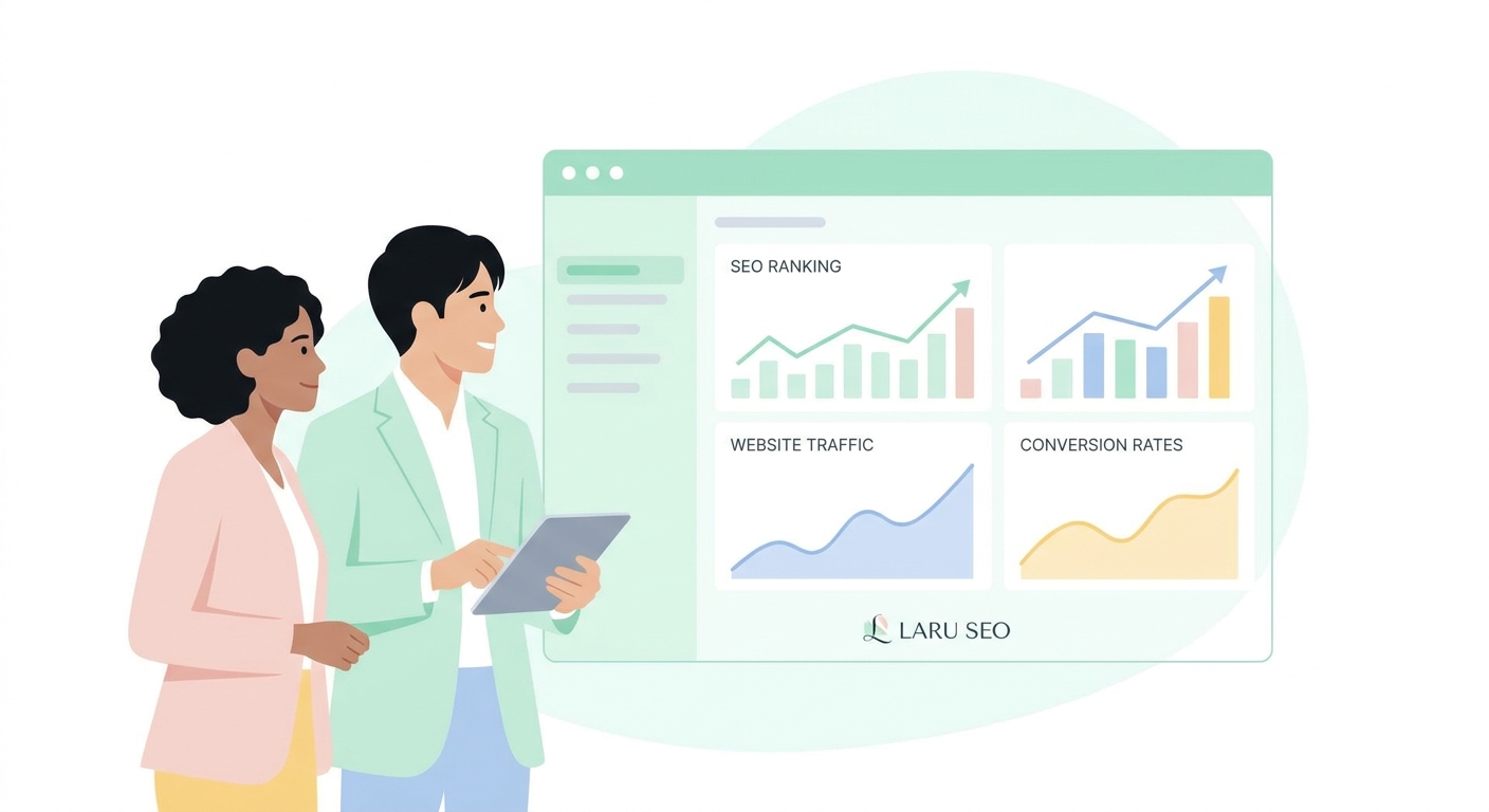 A sleek dashboard displaying real-time SEO rankings, website traffic analytics, and conversion rates, with a subtle bran