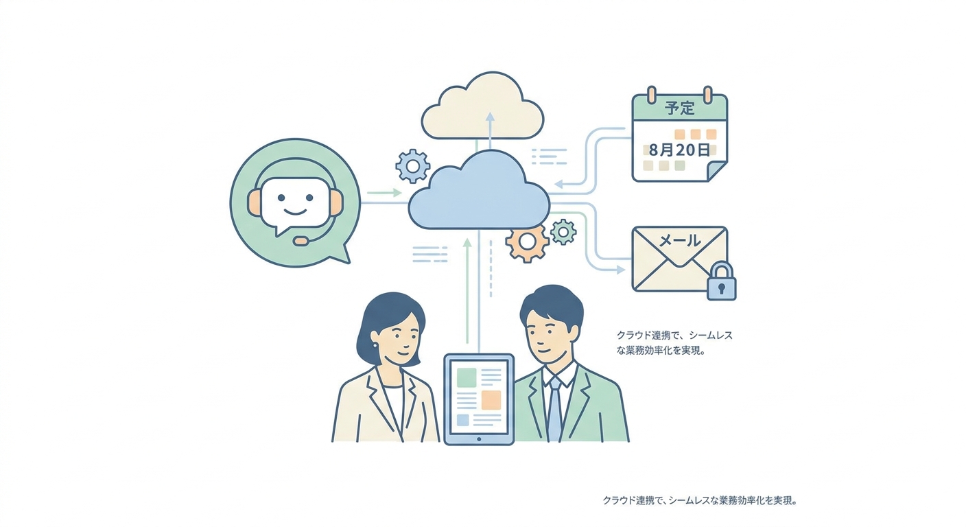 A stylized visual of cloud integration between a chatbot platform and productivity tools like calendar and email, showin