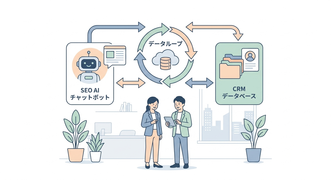 Conceptual architecture diagram illustrating data loop between SEO article generation, AI chatbot, and CRM database