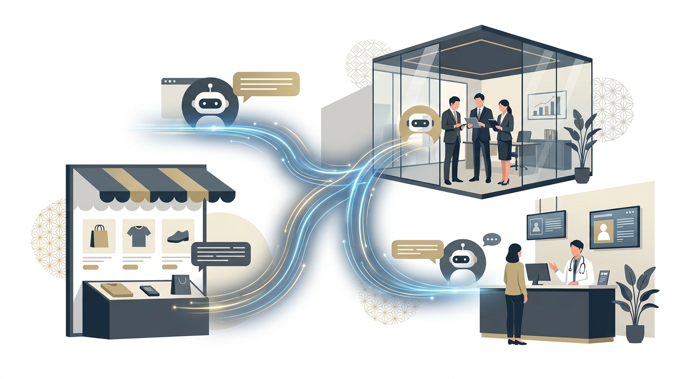 A diverse set of modern business environments seamlessly connected by glowing AI data streams, including an e-commerce s