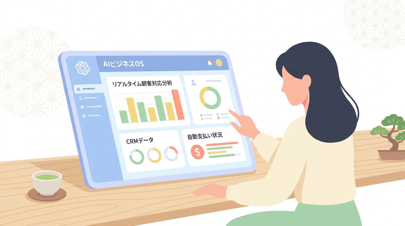 A sleek, user-friendly dashboard interface of an AI business OS on a tablet, displaying real-time customer interaction a