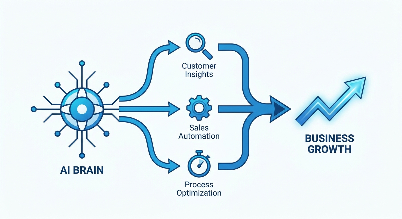 A futuristic diagram showing a central AI brain connected to three powerful engines labeled Customer Insights, Sales Aut