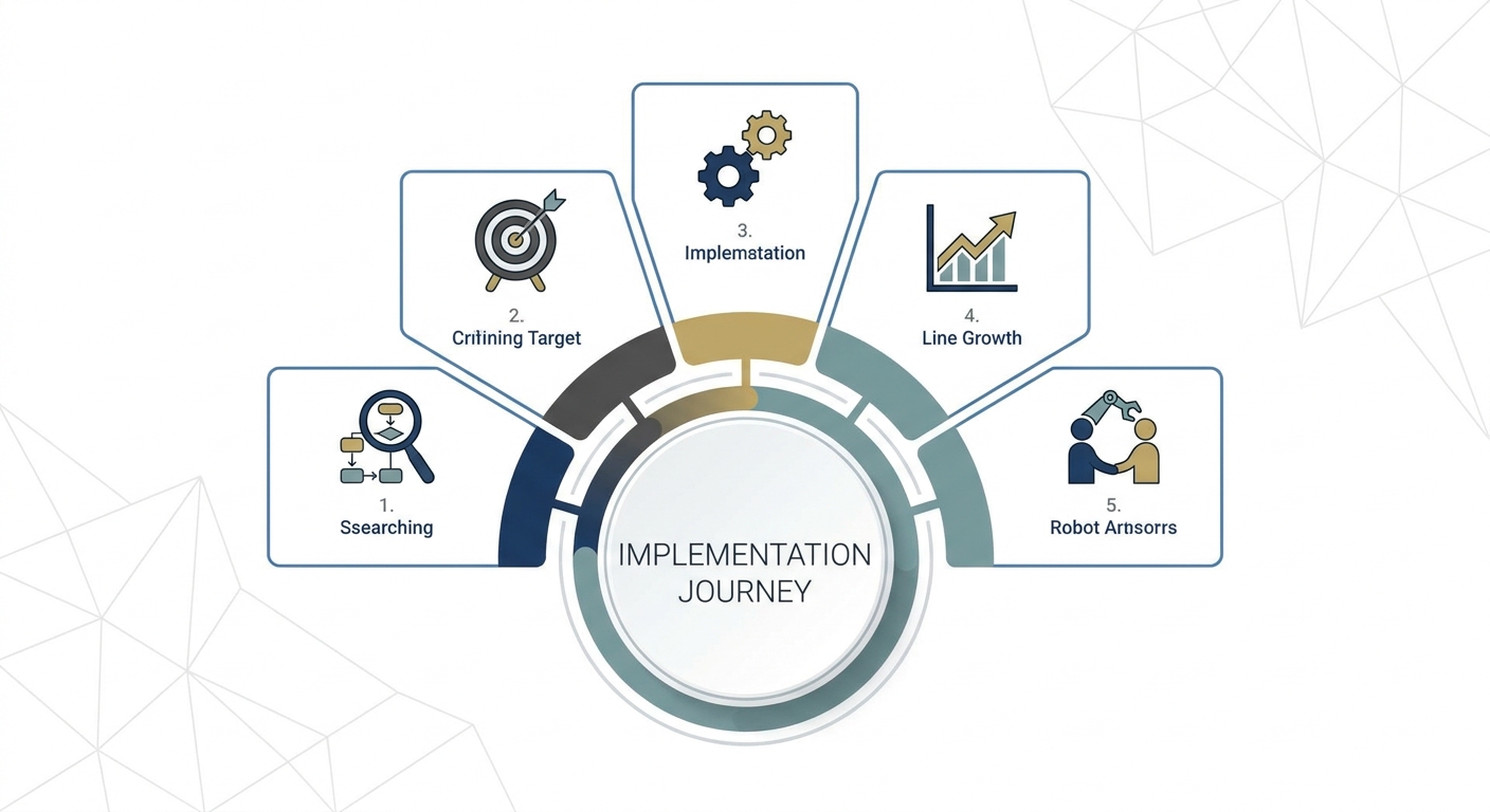 An infographic-style image showing a 5-step circular flow or ascending staircase. Each step has an icon representing a s