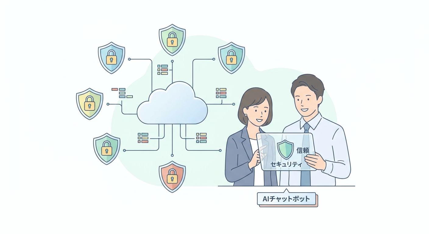 A secure cloud computing network visualization with shields and data locks, representing AI chatbot security and trust,