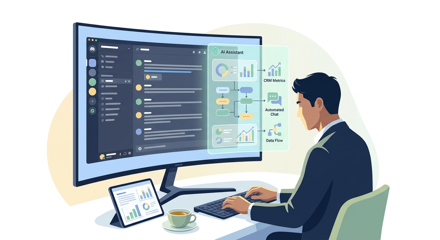 A sleek, modern digital workspace showing a Discord application on a screen, seamlessly integrated with an AI business a