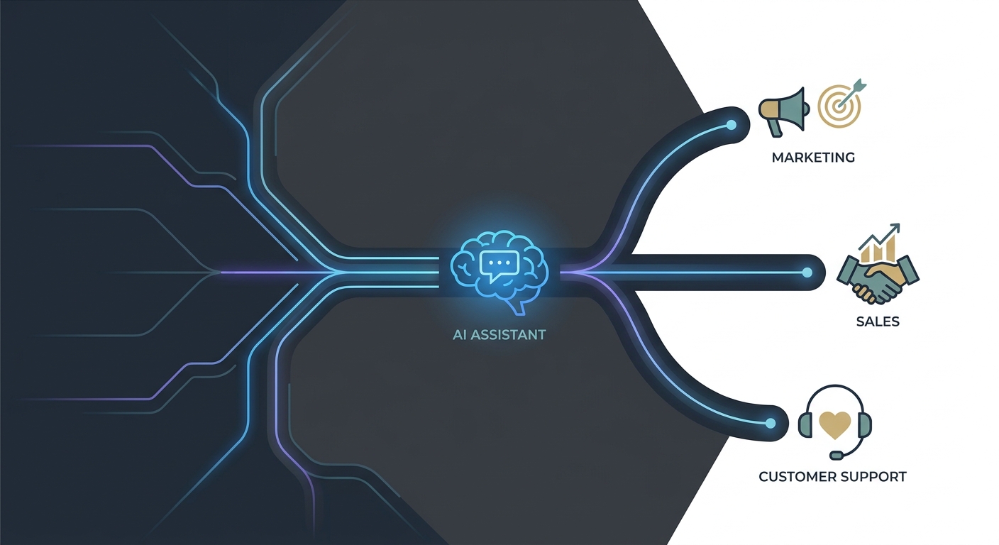 A futuristic business process map with glowing lines connecting different departments like marketing, sales, and custome