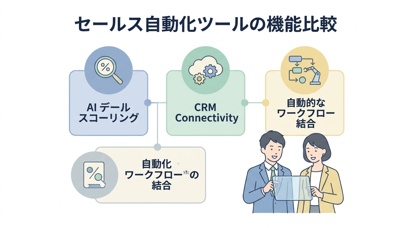 A streamlined comparison illustration of sales automation software features, focusing on AI deal scoring, CRM connectivi