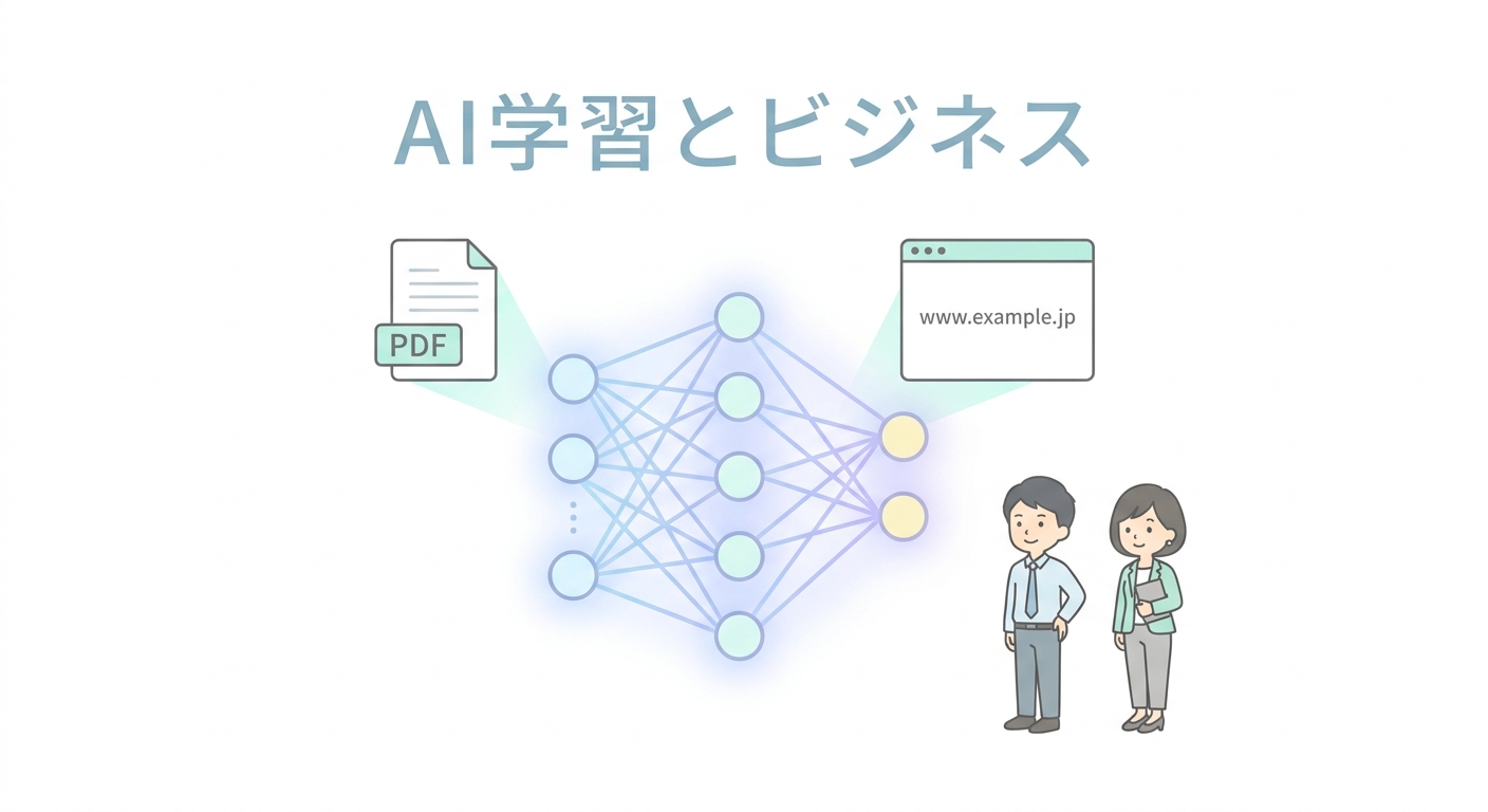 An abstract representation of AI learning, showing a document PDF and a website URL being absorbed into a glowing neural