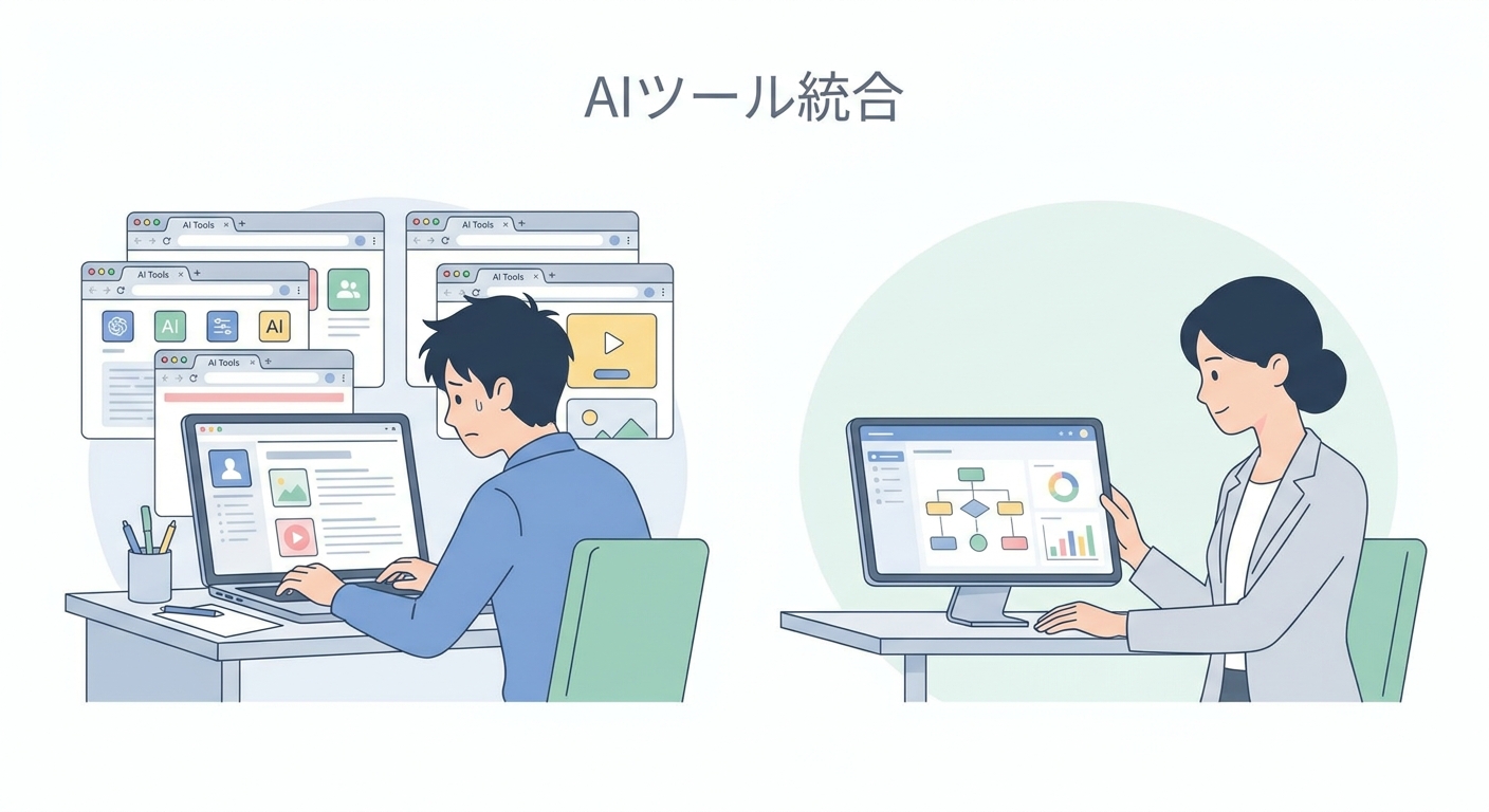 A comparison scene of a chaotic desk with multiple open laptop tabs representing fragmented AI tools versus a single cle