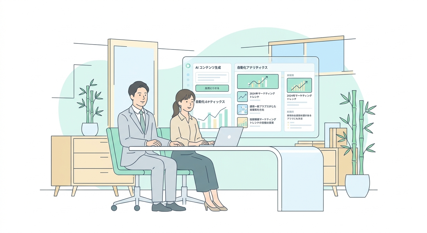 A professional digital marketer reviewing automated AI content generation on a sleek modern dashboard with analytics and