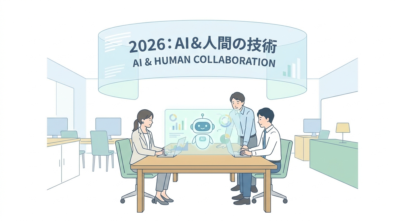 A professional business setting in 2026 showing a modern office where a diverse team collaborates alongside advanced AI