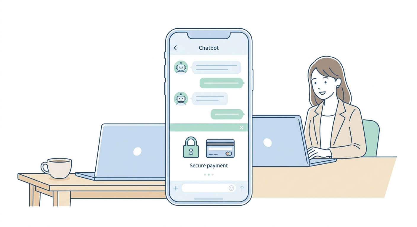 A professional digital setup showing a modern chatbot interface with a secure checkout payment integration on a smartpho