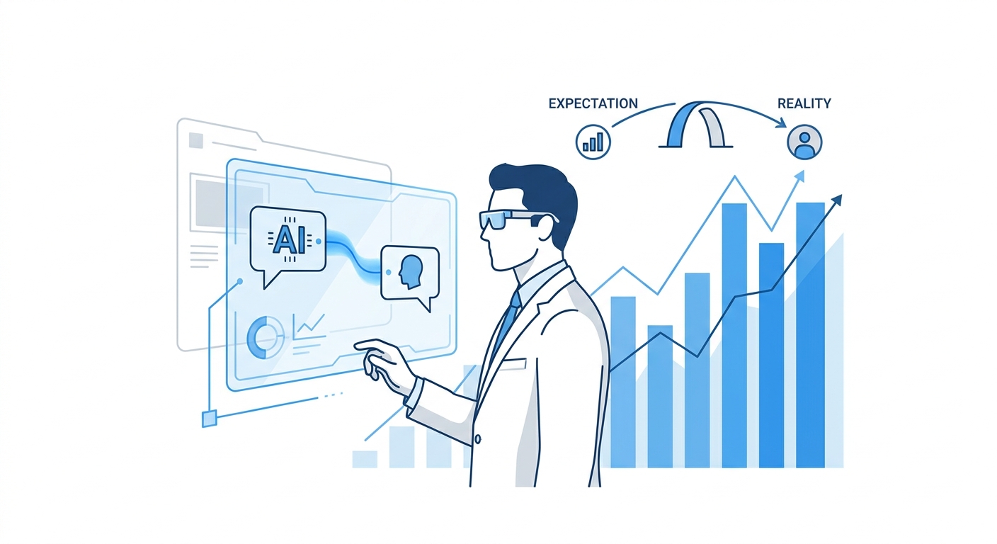 A business professional looking at a futuristic holographic interface showing a conversation with an AI chatbot, with ch