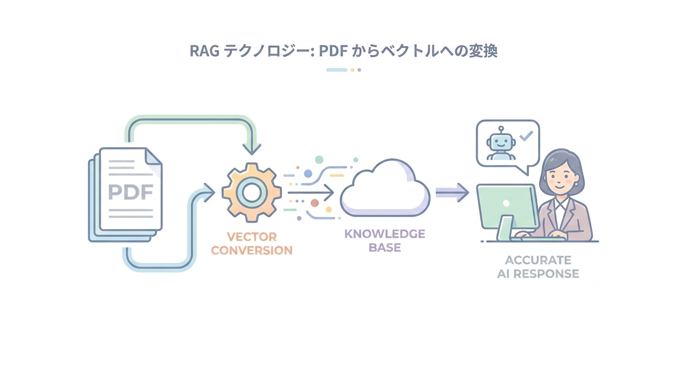 Diagrams showing how RAG (Retrieval-Augmented Generation) technology works, converting PDF documents into vector embeddi