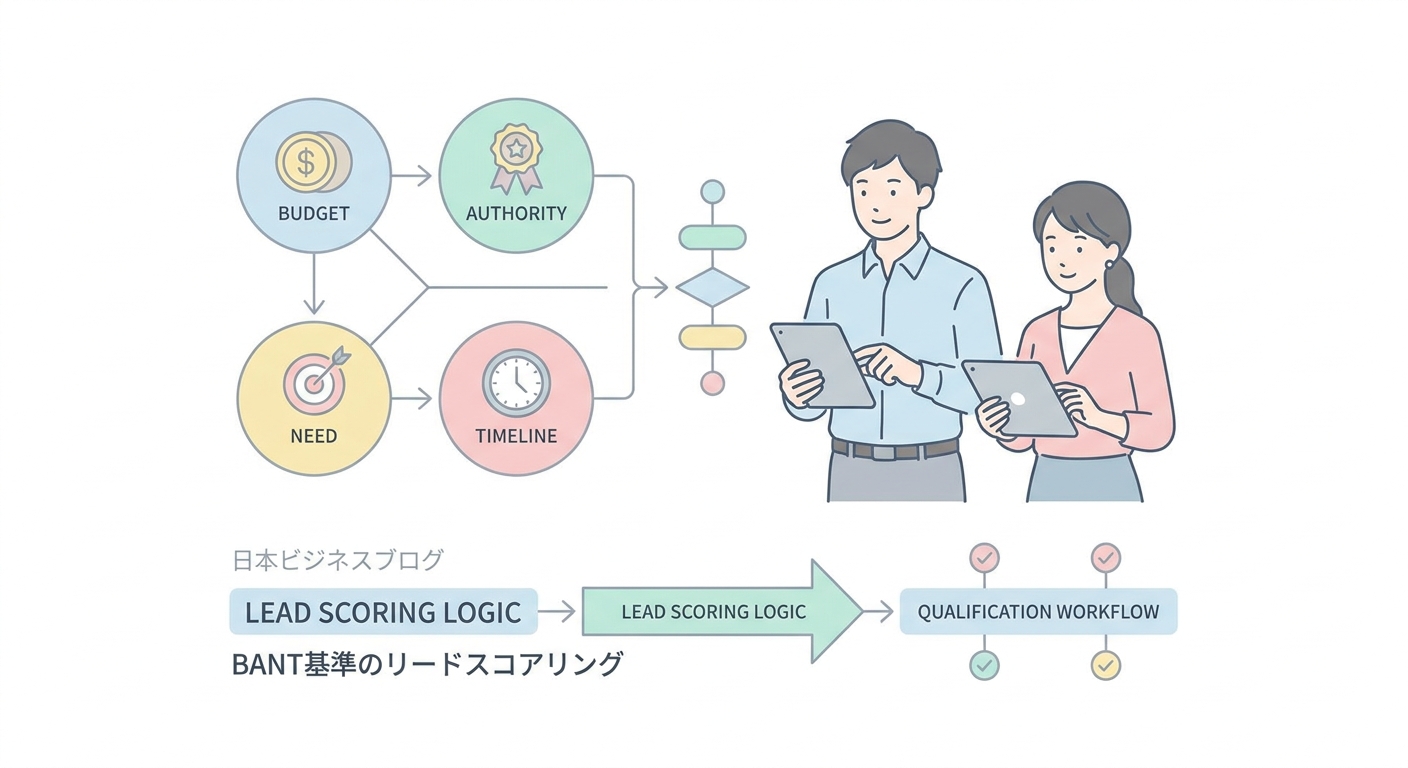 Minimalist clean infographic standard BANT criteria framework diagrams showing lead scoring logic and qualification work