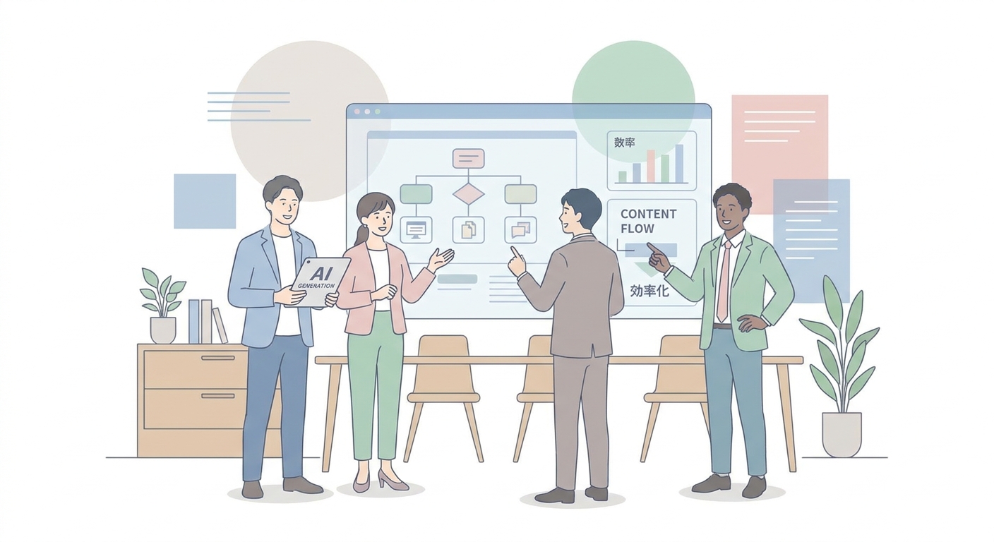 A modern business team analyzing content workflow charts and AI generation tools in a collaborative office.