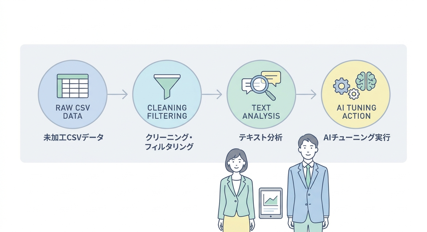 A clean workflow chart showing 4 steps of chat log data analysis: raw CSV data cleaning, quantitative filtering, qualita